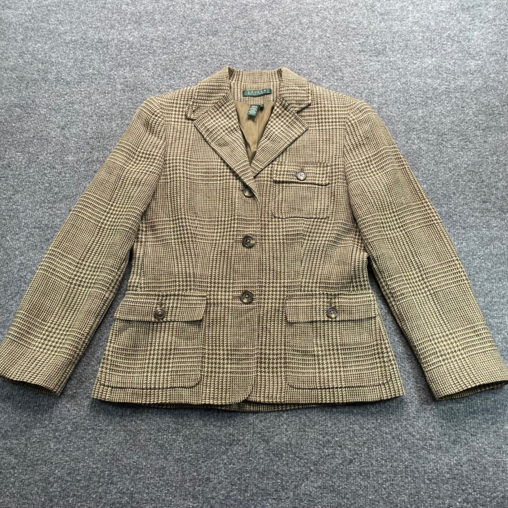Lauren Ralph Lauren Blazer Women's 4 Brown Glen Plaid 100% Linen 3 Button Jacket
